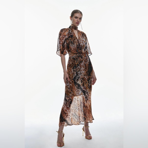 NWT Karen Millen Metallic Thread Angel Sleeve Woven Midi Dress